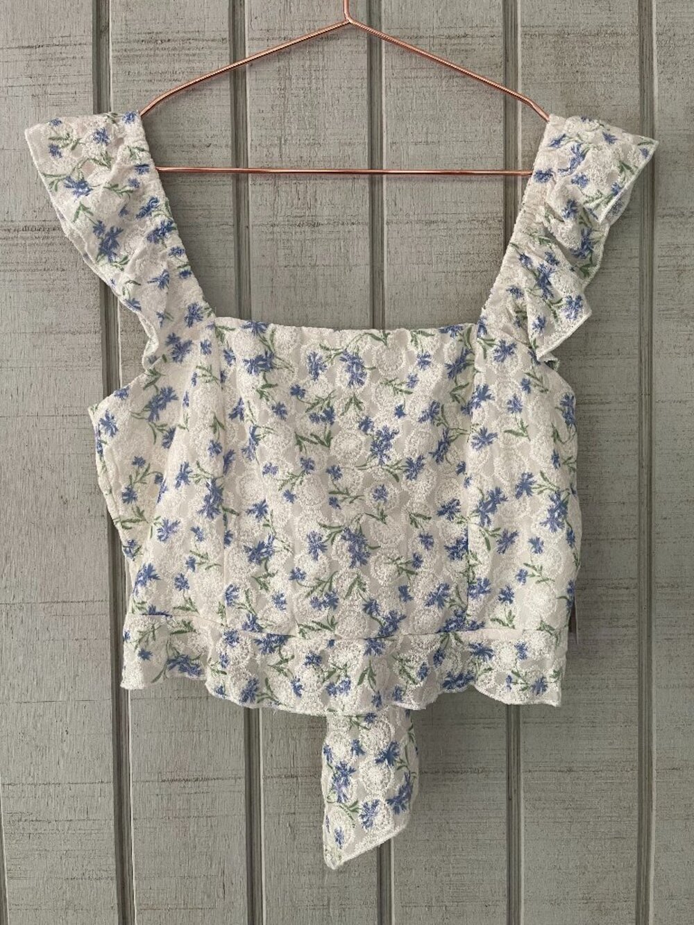 Kirious White Blue Floral Embroidered Tie Back Crop Tank Medium NWT